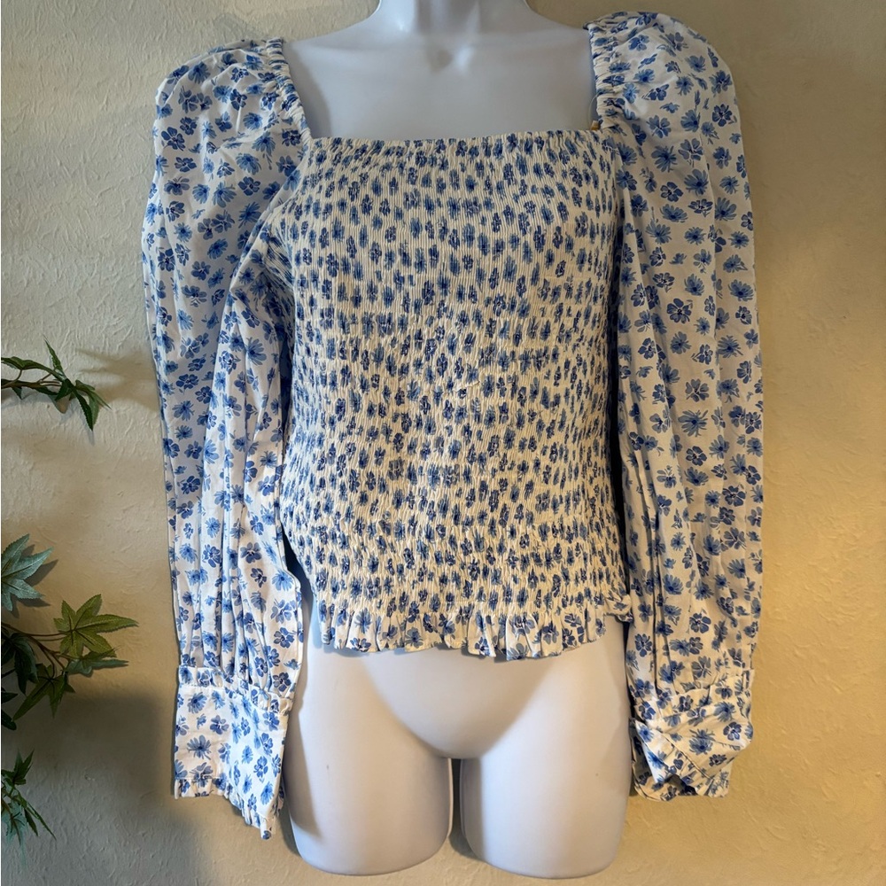 Karlie Blue and White Smocked Top